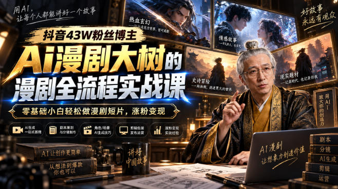 抖音43W粉丝博主Ai漫剧大树的漫剧制作全流程实战课,零基础小白轻松做漫剧短片,涨粉变现-摇钱树