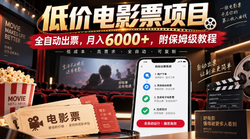 低价电影票项目,全自动出票,月入6000+,附保姆级教程【揭秘】-启盈社