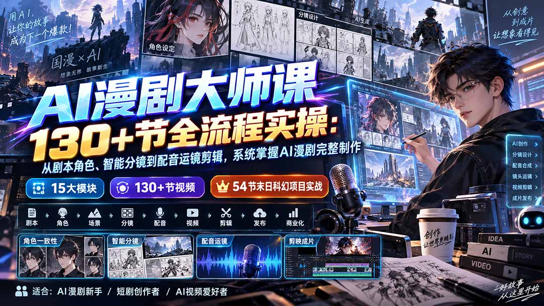 AI漫剧大师课130+节全流程实操：从剧本角色、智能分镜到配音运镜剪辑，系统掌握AI漫剧完整制作-启盈社