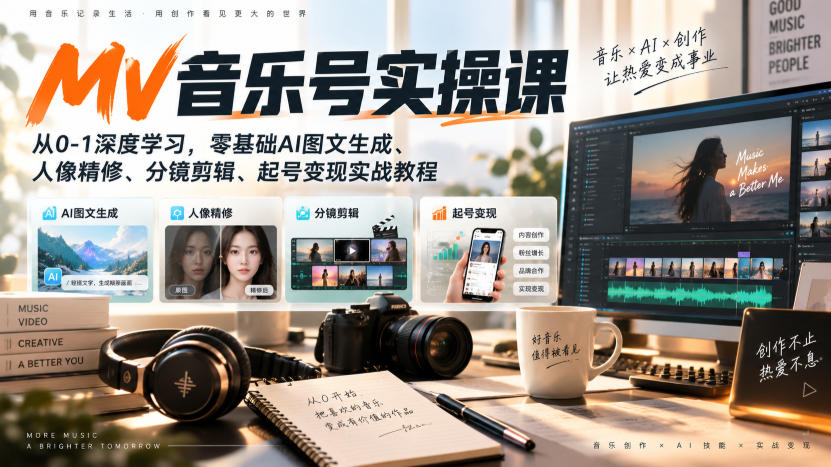 AI MV音乐号实操课，从0-1深度学习，零基础AI图文生成、人像精修、分镜剪辑、起号变现实战教程-摇钱树