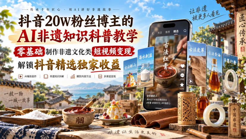 抖音20W粉丝博主的AI非遗知识科普教学,零基础制作非遗文化类短视频变现,解锁抖音精选独家收益-摇钱树