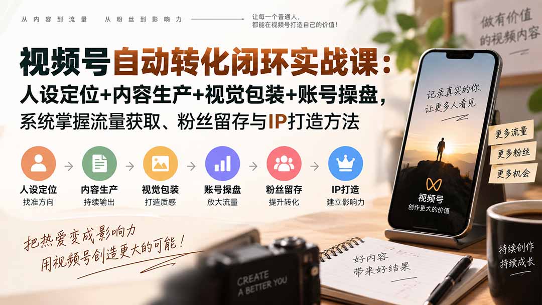 视频号自动转化闭环实战课:人设定位+内容生产+视觉包装+账号操盘,系统掌握流量获取、粉丝留存与IP打造方法-摇钱树