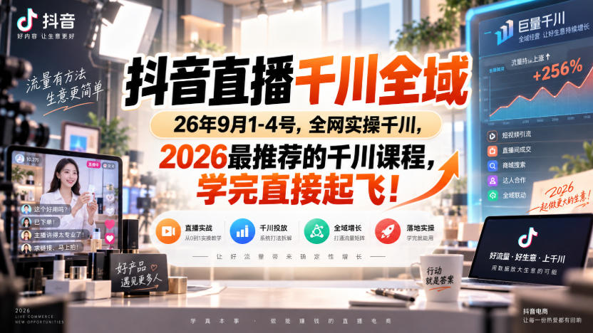 抖音直播千川全域26年9月1-4号,全网实操千川,2026最推荐的千川课程,学完直接起飞!-摇钱树