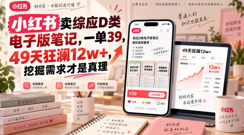 小红书卖综应D类电子版笔记,一单39,49天狂澜12w+,挖掘需求才是真理-摇钱树