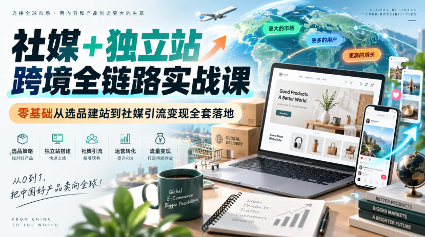 社媒+独立站跨境全链路实战课｜零基础从选品建站到社媒引流变现全套落地-启盈社