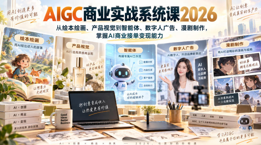 AIGC商业实战系统课2026,从绘本绘画、产品视觉到智能体、数字人广告、漫剧制作,掌握AI商业接单变现能力-摇钱树