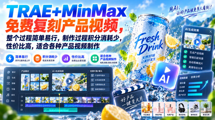 TRAE+MinMax免费复刻产品视频,整个过程简单易行,制作过程积分消耗少,性价比高,适合各种产品视频制作-摇钱树