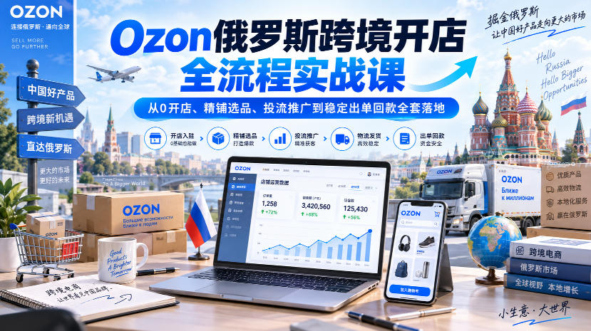 Ozon俄罗斯跨境开店全流程实战课|从0开店、精铺选品、投流推广到稳定出单回款全套落地-摇钱树