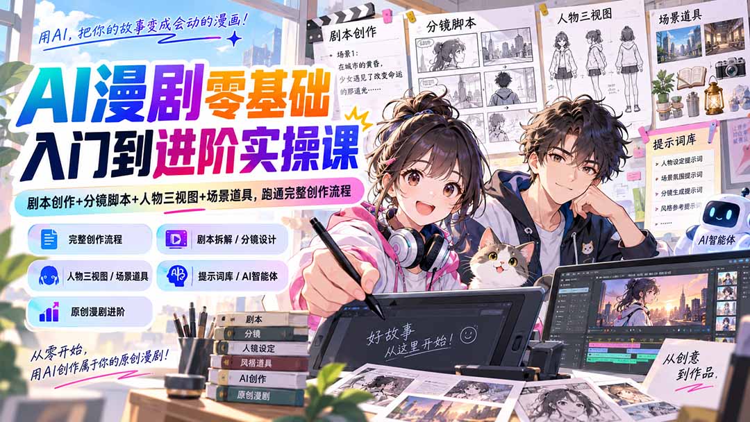 AI漫剧零基础入门到进阶实操课:剧本创作+分镜脚本+人物三视图+场景道具,跑通完整创作流程-摇钱树