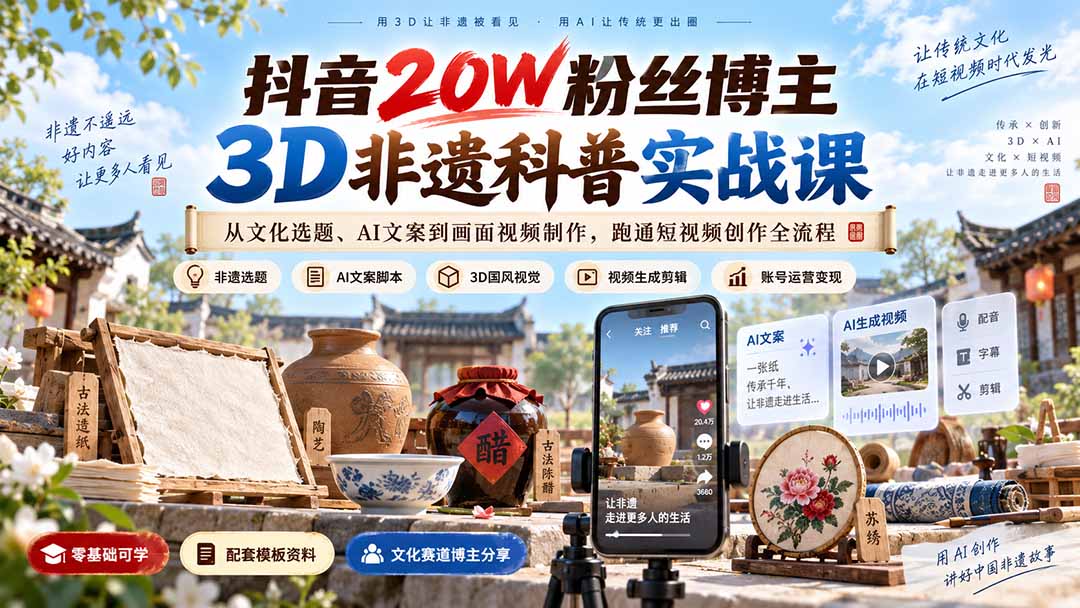抖音20W粉丝博主3D非遗科普实战课:从文化选题、AI文案到画面视频制作,跑通短视频创作全流程-摇钱树