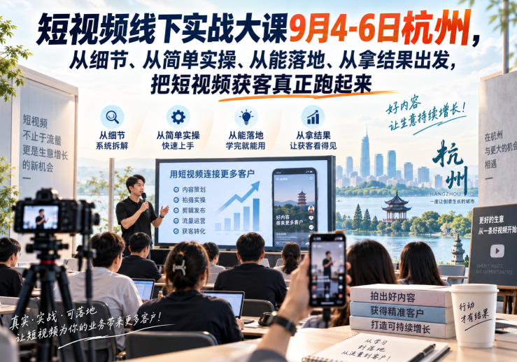 短视频线下实战大课9月4-6日杭州，从细节、从简单实操、从能落地、从拿结果出发，把短视频获客真正跑起来-摇钱树