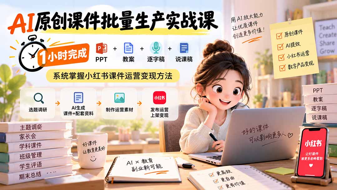 AI原创课件批量生产实战课:1小时完成PPT+教案+逐字稿+说课稿,系统掌握小红书课件运营变现方法-摇钱树