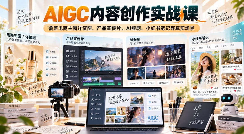 AIGC内容创作实战课，覆盖电商主图详情图、产品宣传片、AI短剧、小红书笔记等真实场景-摇钱树