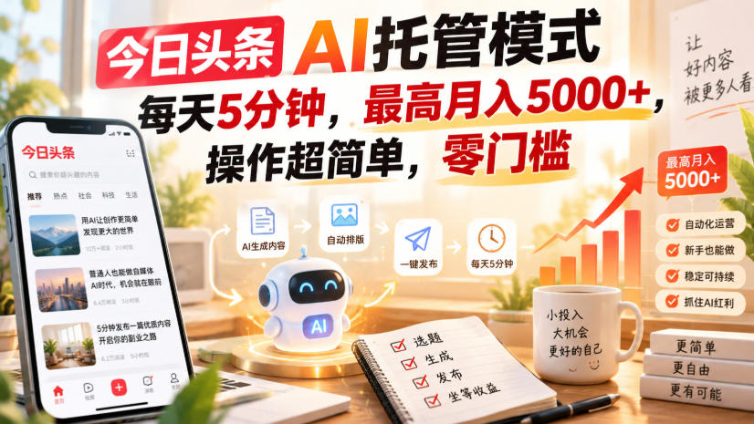 今日头条AI托管模式,每天5分钟,最高月入5000+,操作超简单,零门槛【揭秘】-千帆创业