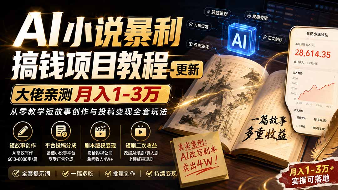 AI小说短故事暴利搞钱项目教程-更新，大佬亲测月入1-3万，从零教学短故事创作与投稿变现全套玩法-摇钱树