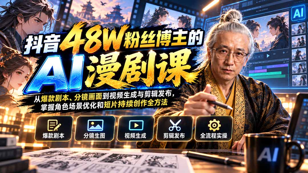 抖音48W粉丝博主的AI漫剧课:从爆款剧本、分镜画面到视频生成与剪辑发布,掌握角色场景优化和短片持续创作全方法-摇钱树