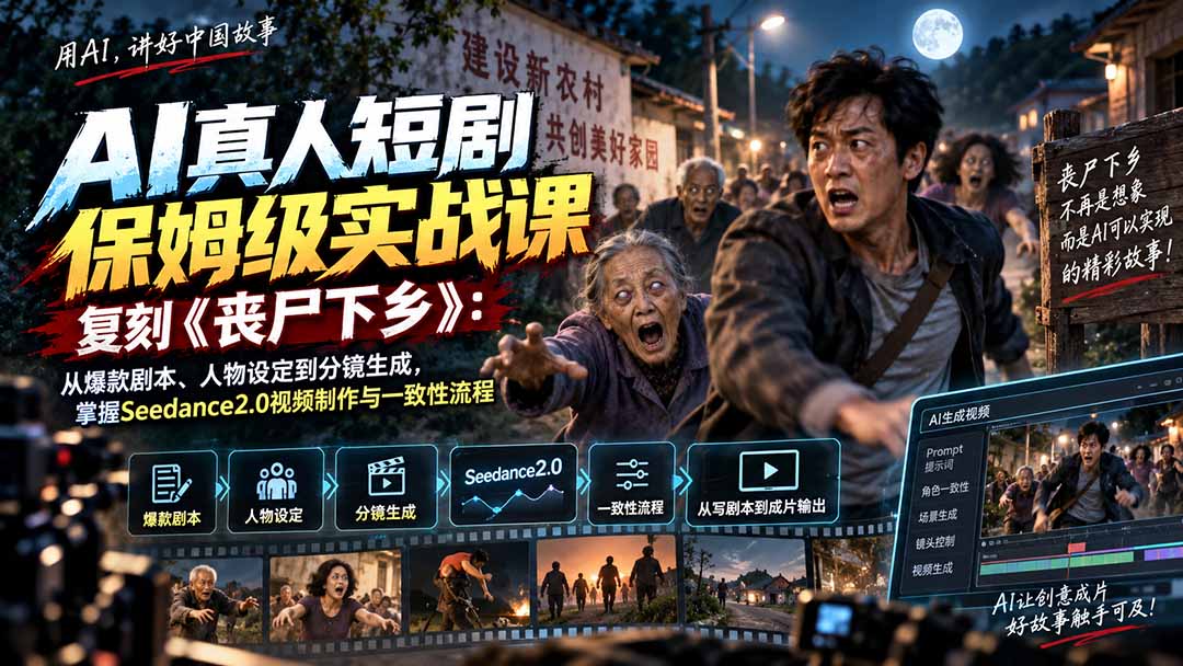 AI真人短剧保姆级实战课,复刻《丧尸下乡》:从爆款剧本、人物设定到分镜生成,掌握Seedance2.0视频制作与一致性流程-启盈社