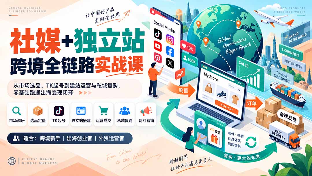 社媒+独立站跨境全链路实战课:从市场选品、TK起号到建站运营与私域复购,零基础跑通出海变现闭环-摇钱树