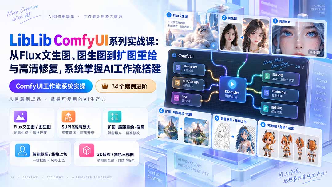 LibLib ComfyUI系列实战课:从Flux文生图、图生图到扩图重绘与高清修复,系统掌握AI工作流搭建-摇钱树