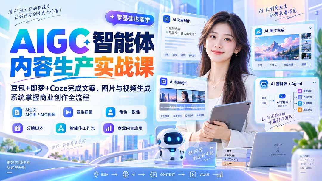AIGC智能体内容生产实战课：豆包+即梦+Coze完成文案、图片与视频生成，系统掌握商业创作全流程