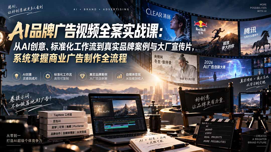 AI品牌广告视频全案实战课：从AI创意、标准化工作流到真实品牌案例与大厂宣传片，系统掌握商业广告制作全流程-摇钱树