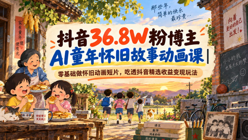 抖音36.8W粉博主AI童年怀旧故事动画课|零基础做怀旧动画短片,吃透抖音精选收益变现玩法-摇钱树