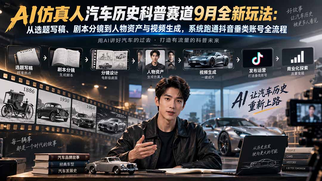 AI仿真人汽车历史科普赛道9月全新玩法:从选题写稿、剧本分镜到人物资产与视频生成,系统跑通抖音垂类账号全流程-摇钱树