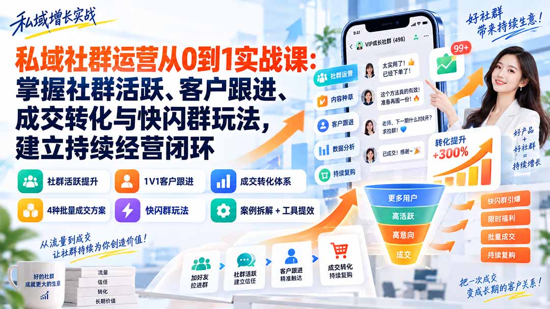 私域社群运营从0到1实战课:掌握社群活跃、客户跟进、成交转化与快闪群玩法,建立持续经营闭环-摇钱树