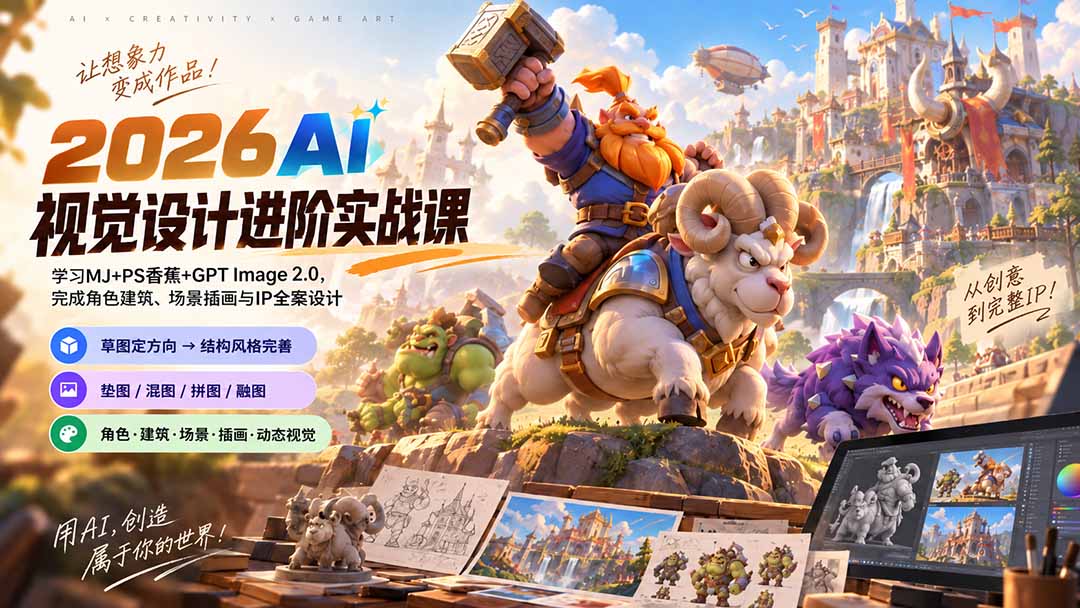 2026AI视觉设计进阶实战课-更新：学习MJ+PS香蕉+GPT Image 2.0，完成角色建筑、场景插画与IP全案设计-摇钱树