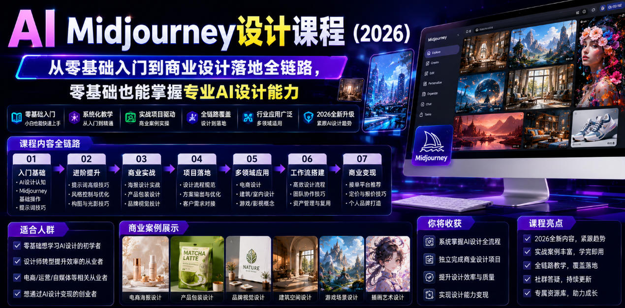 AI Midjourney设计课程(2026),从零基础入门到商业设计落地全链路,零基础也能掌握专业AI设计能力(更新0913)-摇钱树