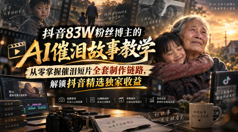抖音83W粉丝博主的AI催泪故事教学，从零掌握催泪短片全套制作链路，解锁抖音精选独家收益-摇钱树