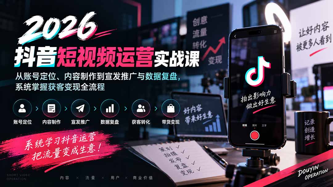 2026抖音短视频运营实战课：从账号定位、内容制作到宣发推广与数据复盘，系统掌握获客变现全流程-摇钱树
