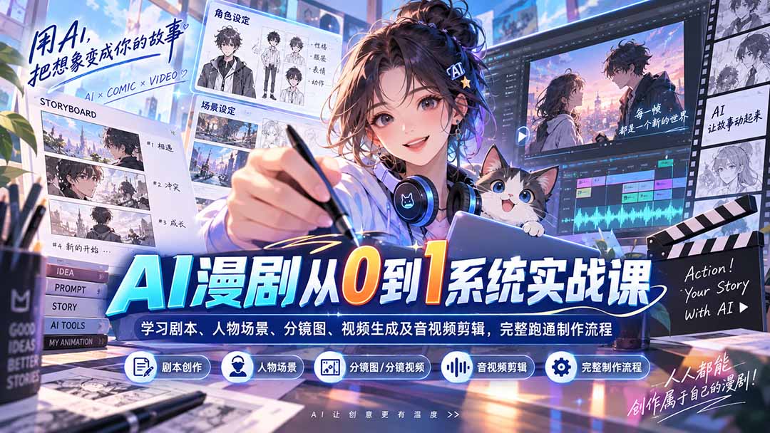 AI漫剧从0到1系统实战课:学习剧本、人物场景、分镜图、视频生成及音视频剪辑,完整跑通制作流程-摇钱树