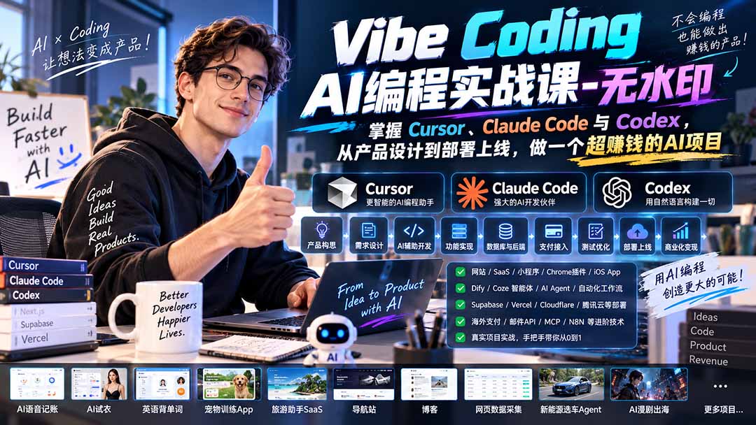 Vibe Coding AI编程实战课-无水印：掌握Cursor、Claude Code与Codex，从产品设计到部署上线，做一个超赚钱的AI项目-摇钱树