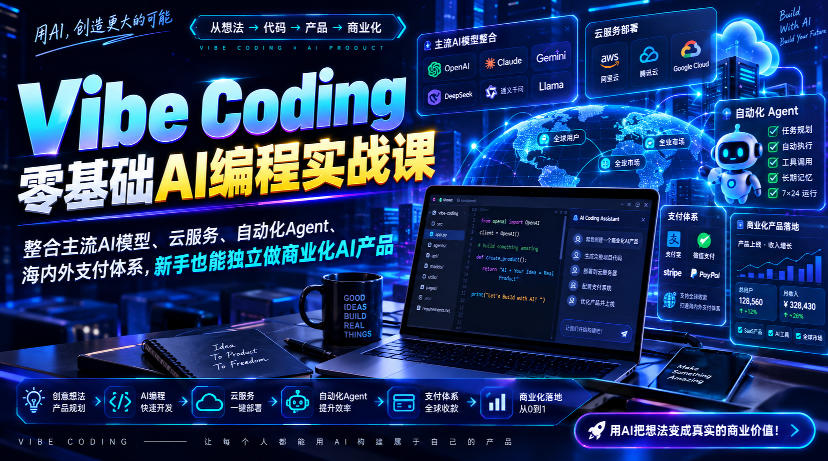 Vibe Coding零基础AI编程实战课-无水印,整合主流AI模型、云服务、自动化Agent、海内外支付体系,新手也能独立做商业化AI产品-摇钱树