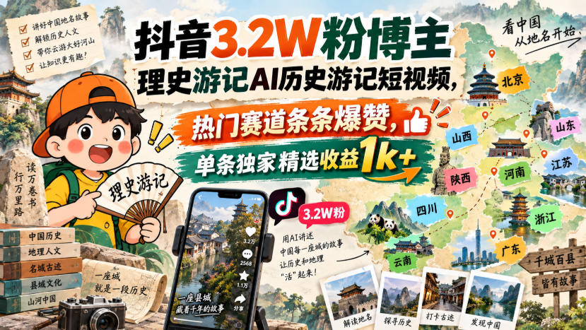 抖音3.2W粉博主理史游记AI历史游记短视频教学，热门赛道条条爆赞，单条独家精选收益1k+-摇钱树