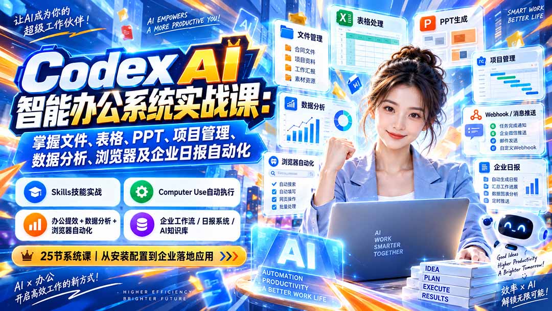Codex AI智能办公系统实战课：掌握文件、表格、PPT、项目管理、数据分析、浏览器及企业日报自动化-摇钱树