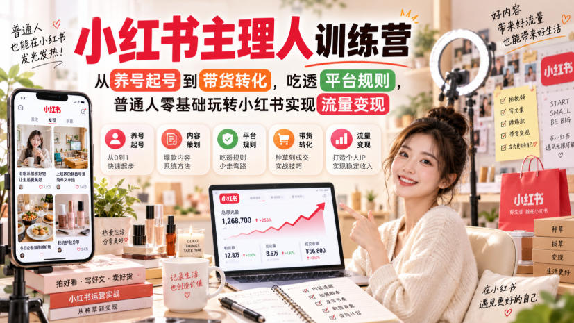 小红书主理人训练营，从养号起号到带货转化，吃透平台规则，普通人零基础玩转小红书实现流量变现-摇钱树