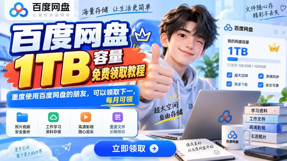 百度网盘1TB容量免费领取教程，重度使用百度网盘的朋友，可以领取下一，每月可领-盈科项目资源网