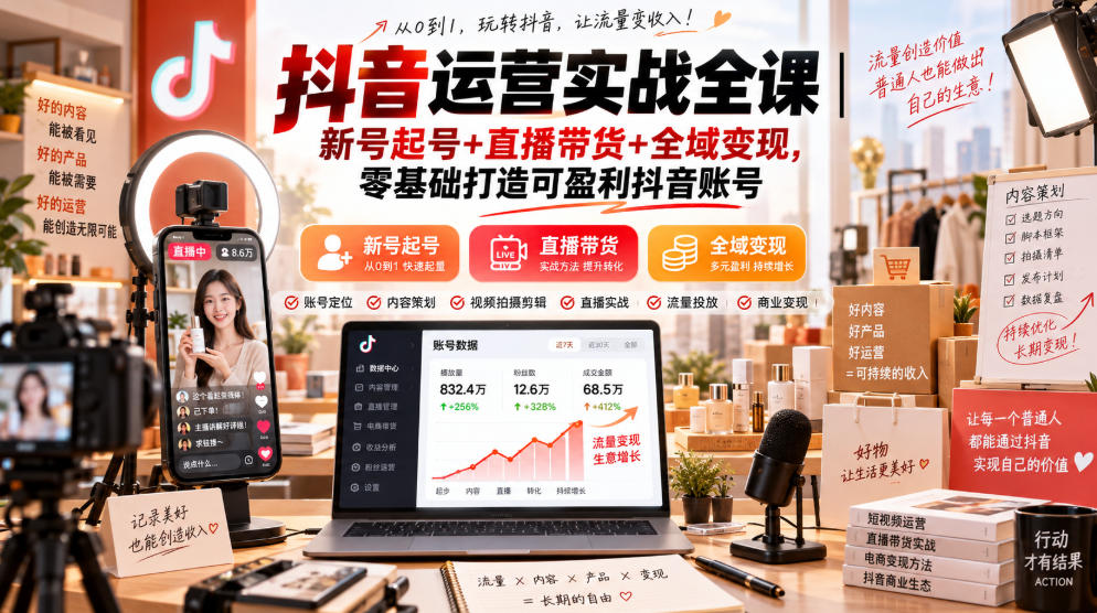 抖音运营实战全课｜新号起号+直播带货+全域变现，零基础打造可盈利抖音账号-摇钱树