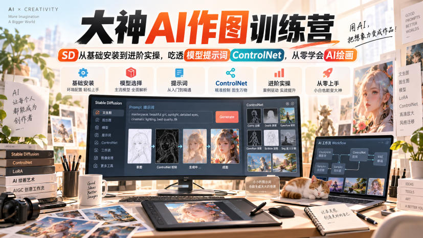 大神AI作图训练营，SD从基础安装到进阶实操，吃透模型提示词ControlNet，从零学会AI绘画-摇钱树