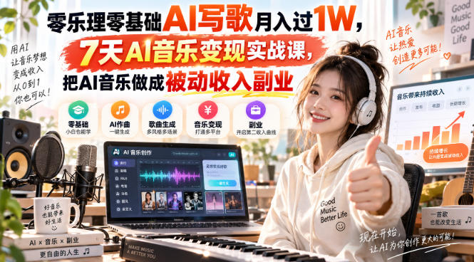 零乐理零基础AI写歌月入过1W,7天AI音乐变现实战课,把AI音乐做成被动收入副业-摇钱树