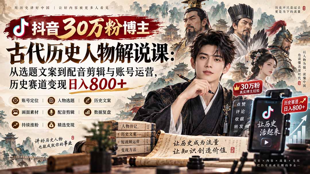 抖音30万粉博主古代历史人物解说课:从选题文案到配音剪辑与账号运营,历史赛道变现日入800+-摇钱树