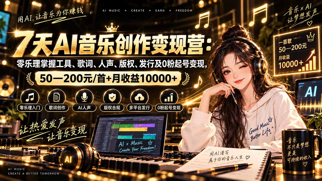 AI音乐创作变现营:零乐理掌握工具、歌词、人声、版权、发行及0粉起号变现,50—200元/首+月收益10000+-摇钱树
