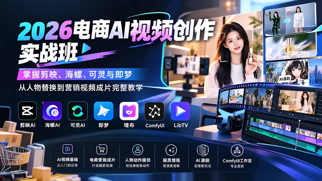 2026电商AI视频创作实战班:掌握剪映、海螺、可灵与即梦,从人物替换到营销视频成片完整教学-摇钱树