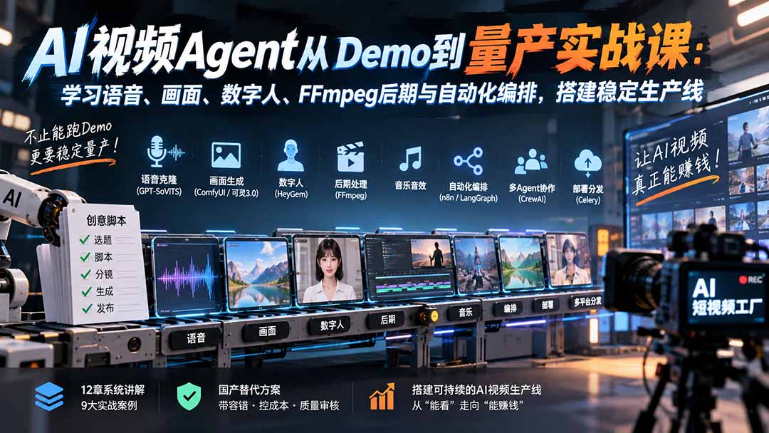 AI视频Agent从Demo到量产实战课：学习语音、画面、数字人、FFmpeg后期与自动化编排，搭建稳定生产线-摇钱树