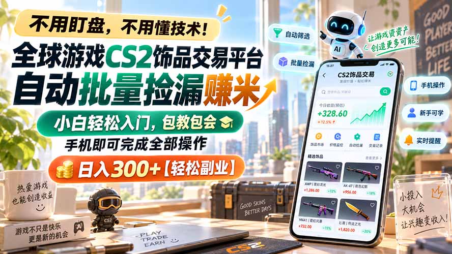 全球游戏CS2饰品交易平台自动批量捡漏赚米，小白轻松入门，包教包会，手机即可完成全部操作，日入300+【轻松副业】-启盈社