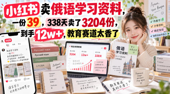 小红书卖俄语学习资料,一份39,338天卖了3204份,到手12w+,教育赛道太香了-摇钱树