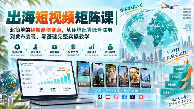 出海短视频矩阵课｜超简单的视频原创赛道，从环境配置账号注册到发布变现，零基础完整实操教学-聚豪云创