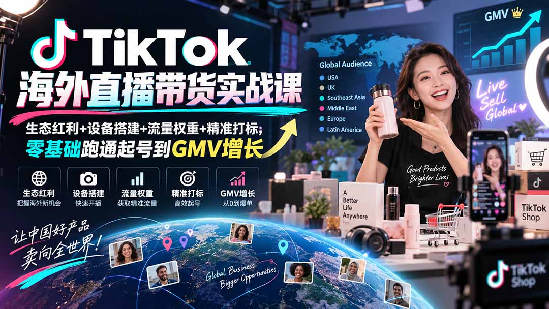 TikTok海外直播带货实战课|生态红利+设备搭建+流量权重+精准打标,零基础跑通起号到GMV增长-摇钱树